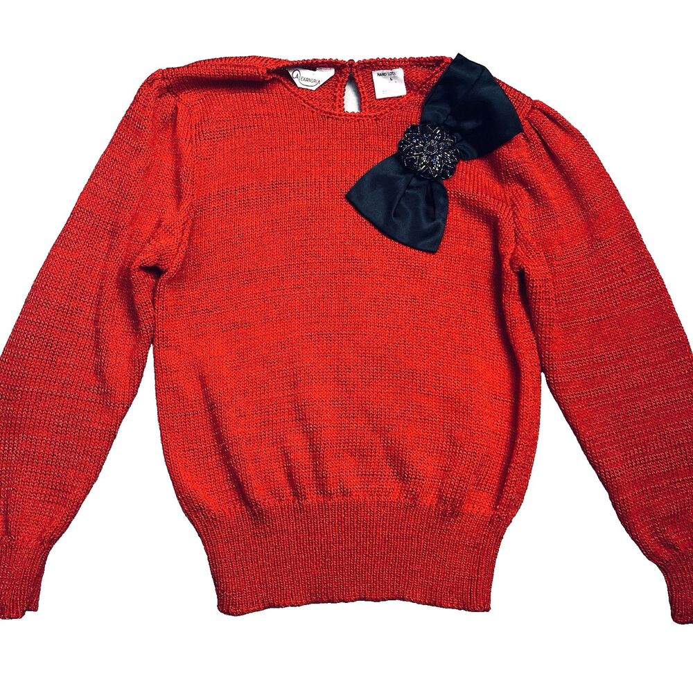 Red Coquette Bow Sweater L Hand Loomed Embellish Beaded Sequin Christmas Holiday